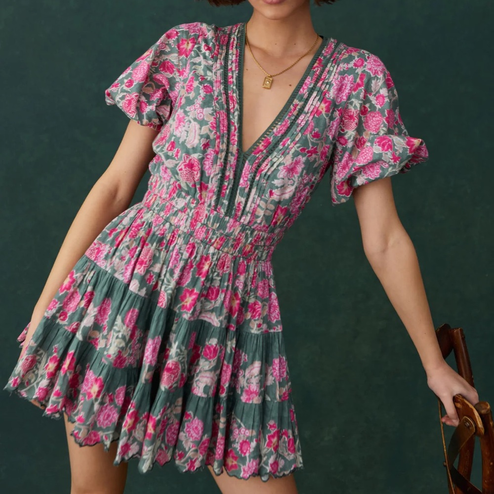 HEMANT & NANDITA PINE GREEN PAISLEY SHORT DRESS